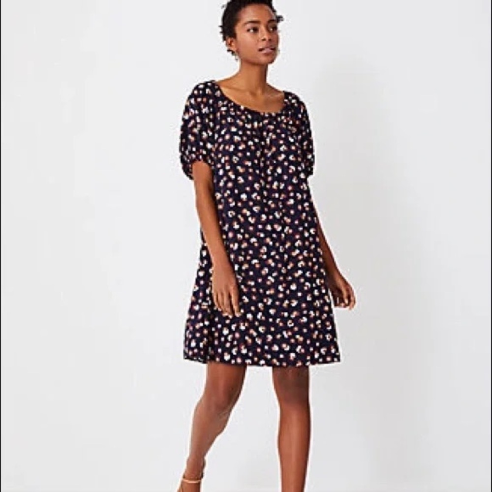 Ann Taylor Black Swing Dress with Red Orange White Dot Details size M
